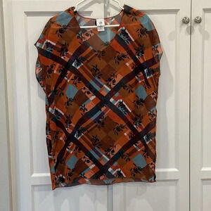 Cabi  Lattice Rust/Blue Floral Blouse Shirt Women's Sz XS Sheer Flowy FALL